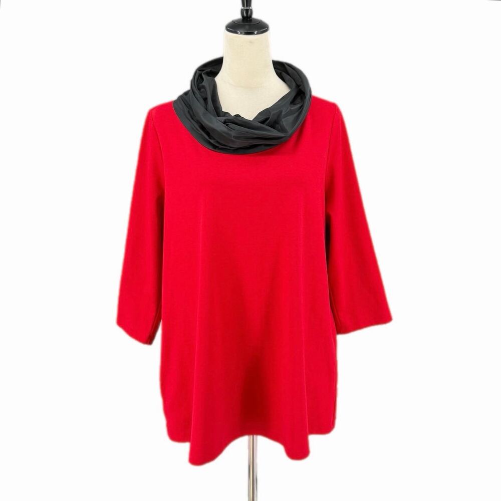 Renfrew Collection Vibrant Red Black Cowl Neck 100% Cotton Color Block Tunic Top